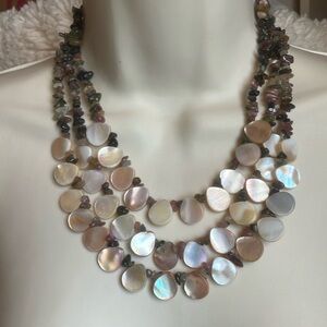 Iridescent Mother of Pearl Beaded Necklace with watermelon colored accent stones